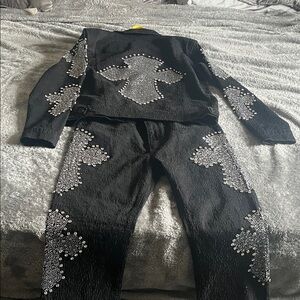 Trendy boutique Black Studded Cross Motif Blazer & Pants Set